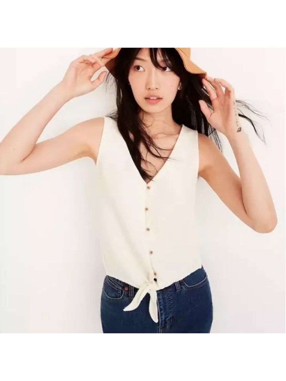 Madewell Texture & Thread Button-Front Tie Tank Top in Beige. Size XXL
